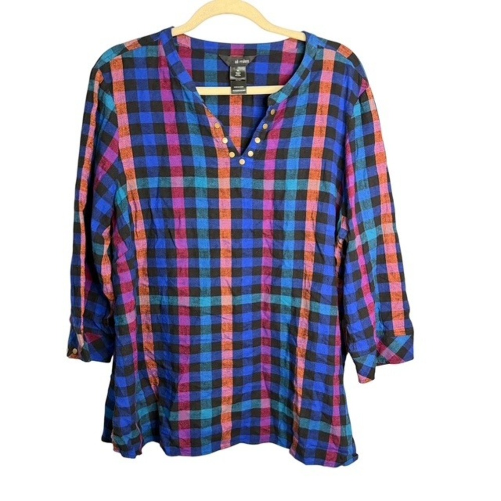 Ali Miles Blouse Women's XL Plaid Linen Blend Office Abstract Colorful
